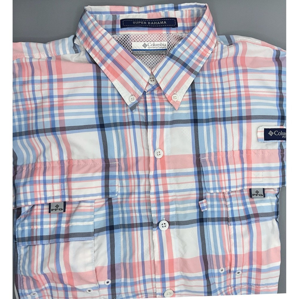 Columbia PFG Super Bahama Mens Longsleeve Fishing Shirt UPF Pink Blue Plaid Sz L